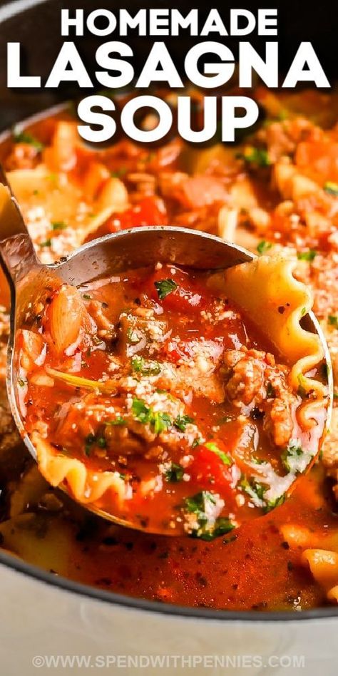 Make this easy lasagna soup recipe for lunch or dinner. It's flavorful and filling, and it comes together in no time. It has simple ingredients like tomatoes and vegetables with Italian sausage in a rich tomato broth. Cook it up on the stovetop, or make it in an Instant Pot or a Crockpot if desired. (Check the manual for cooking time and temperature.) Top it with cheese or croutons, or both for a tasty lunch or dinner-time starter. #lasagnasoup #recipeeasy #recipeonepot #spendwithpennies Lasagna Soup With Vegetables, Lasagna Noodle Soup Recipes, Crockpot Lasagne Soup, Lasagna Soup Made With Spaghetti Sauce, Lasagna Soup Recipe With Sausage, Hot Italian Sausage Soup Recipes, Lagsana Soup Recipe Easy Crockpot, Lasagna Soup Recipe Stove Top, Lasagne Soup Recipe Easy