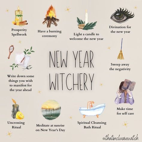 That Inclusive Witch | Mads ☾ on Instagram: "For many of us, October 31st is the Witches’ New Year. However, if you do celebrate New Year’s Eve & New Years Day, here is how you can add a touch of witchery!🥂🤍✨ . I usually do a lot of self-reflection during this time. Reflecting on the highs & lows of the year that has passed. For me, unfortunately, there have been far too many lows than highs. I’m manifesting a better year. Goodbye 2022. Hello 2023!💕 . #newyear #witchcraft #newyearseve #goodby New Year Altar Ideas, New Years Witch Tips, Witches New Year Ritual, New Month Witch Rituals, Monthly Witch Rituals, Witch Holidays 2024, Witch New Year, First Of The Month Rituals Witch, New Year’s Eve 2023