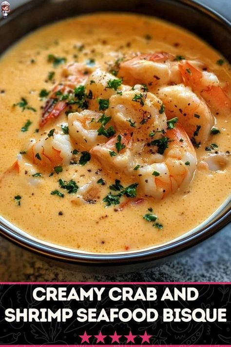 This Luxurious Crab and Shrimp Seafood Bisque is a decadent dish that combines tender shrimp, succulent crab, and a rich, creamy broth. Perfect for special occasions or when you need a comforting bowl of seafood goodness. #SeafoodLovers #CreamyBisque #CrabAndShrimp Crab And Shrimp Seafood Bisque, Crab Bisque Recipe, Seafood Bisque Recipe, Crab Soup Recipes, Bisque Soup Recipes, Crab And Shrimp, Chowder Recipes Seafood, Bisque Soup, Seafood Dish Recipes