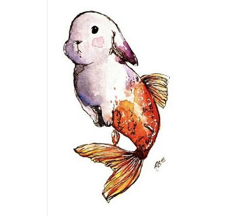 Bunny Watercolor Painting, Goldfish Mermaid, Grunge Core, Art For Children, Bunny Watercolor, Hybrid Art, Cute Fantasy Creatures, Rabbit Art, Bunny Art