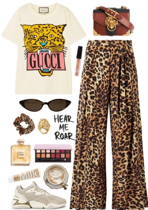 Gucci Tee Outfit, Leopard Pants Outfit Summer, Leopard Trousers Outfit, Leopard Print Trousers Outfit, Pattern Pants Outfit, Gucci Tee, Leopard Trousers, Polyvore Summer, Hear Me Roar