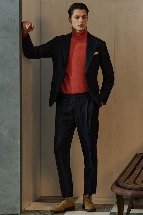 Navy Red Outfit, Red Turtleneck Outfit Men, Red Turtleneck Outfit, Chukka Boots Outfit, Turtleneck Outfit Men, Turtleneck Suit, Dark Navy Suit, Black And Red Suit, Derby Boots