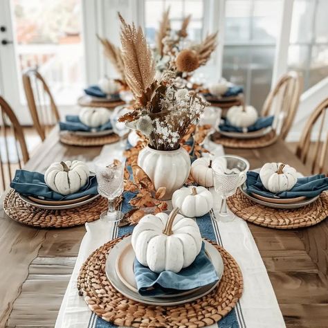 Blue Fall Decor | 47 Blue Fall Dining Table Decor Ideas That Will Leave You Feeling Inspired - The Styled Abode Autumn Table Settings Dining Room, Blue Willow Thanksgiving Table, Neutral Fall Dining Table Decor, Blue And Green Fall Decor, Fall Beach House, Fall Kitchen Table Decor Ideas, Blue Fall Floral Arrangements, Fall Decor Ideas For The Home, Themed Table Settings