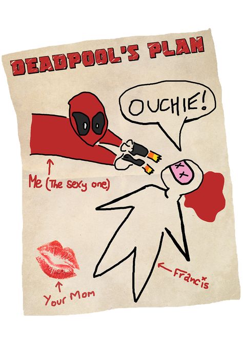 Deadpools Plan to Kill Francis. Inspired by the Movie. Available at: https://dizinga.com/search?type=product&q=deadpools+plan Deadpool Francis, Deadpool Doodle, Deadpool Comic Art, Deadpool Poster, Deadpool Drawing, Deadpool X Spiderman, Deadpool Funny, Deadpool Art, Deadpool Movie