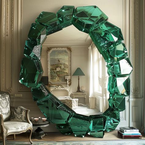 Step into a realm of natural elegance with our Emerald Inspired Mirror. Crafted to evoke the lush green hues of a tranquil forest glade, its shimmering surface reflects light with a mesmerizing depth. The intricate frame, adorned with delicate patterns reminiscent of verdant foliage, adds a touch of botanical charm to any space. Transform your surroundings with the enchanting allure of this captivating mirror, where every glance reveals a glimpse of the serene beauty of nature. Conceptual AI... Classy Apartment, Rich Stuff, Gothic Mirror, Forest Glade, Mirror Logo, Mirror Me, Resin Light, Exhibition Stall Design, Visual Merchandising Displays