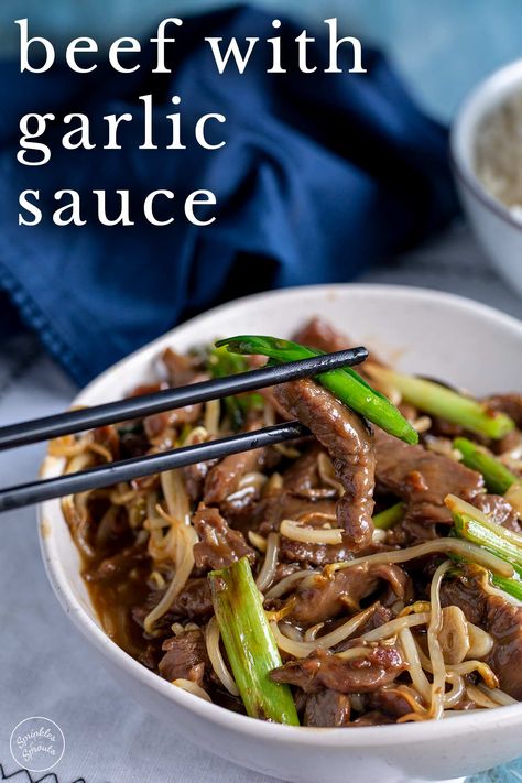 This Chinese Beef with Garlic Sauce is a takeout classic. Tender, soft beef in an easy-to-make Chinese garlic sauce. This recipe uses easy-to-find ingredients to deliver a better than takeout dinner. Ready in under 30 minutes, it is an easy to make dinner that, when paired with rice and some stir-fried veg, makes a healthy Chinese weeknight meal that the whole family will love. Plus, get my tips for delicious tender beef, just like your favorite takeaway. Chinese Garlic Sauce, Chinese Beef Recipes, Foreign Recipes, Chinese Dishes Recipes, Chinese Garlic, Sprouts Recipes, Chinese Beef, Healthy Chinese, Garlic Beef