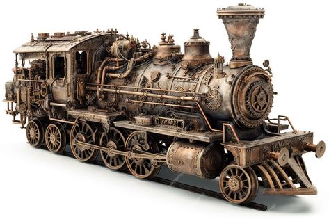 Premium Photo | Model of the old steam locomotive on a white background generative ai Steampunk Illustration, Train Map, Steam Engine Model, Old Steam Train, Steampunk Aesthetic, Backyard Layout, Steam Engine Trains, Train Art, Old Trains