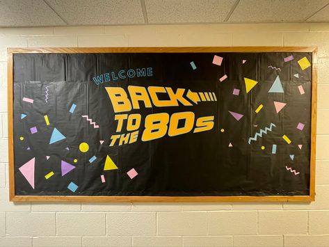 80s Themed Classroom Door, 80s Theme Classroom Bulletin Boards, 80s Themed Bulletin Board, Decades Bulletin Board Ideas, 80s Bulletin Board Ideas, 70s Bulletin Board Ideas, Homecoming Bulletin Board Ideas, 80s Classroom Theme, Retro Bulletin Board Ideas