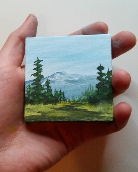 Tiny Canvas Painting Watercolor, Mini Canvas Paintings Landscapes, Tiny Paintings Aesthetic, Tiny Canvases Ideas, Small Painting Gift Ideas, Mini Landscapes Painting, Landscape Mini Paintings, Painting On Tiny Canvas, Painting Ideas Tiny Canvas