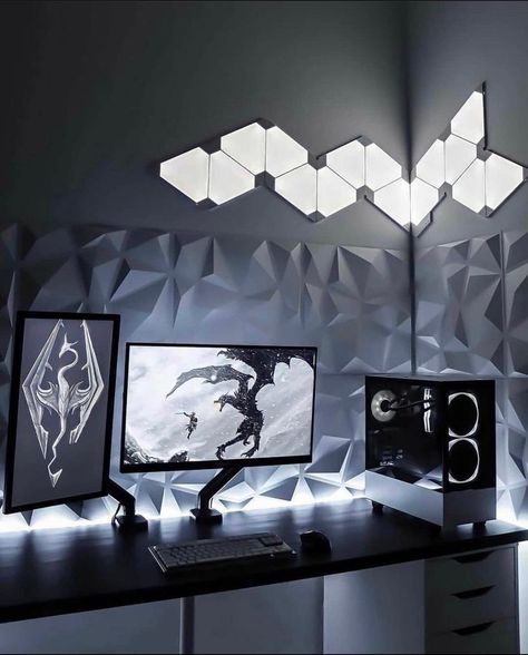 White Setup, Fake Walls, Games Room Inspiration, White Wall Paneling, Gamer Bedroom, Bilik Permainan, Best Gaming Setup, Light Panels, Gaming Setups