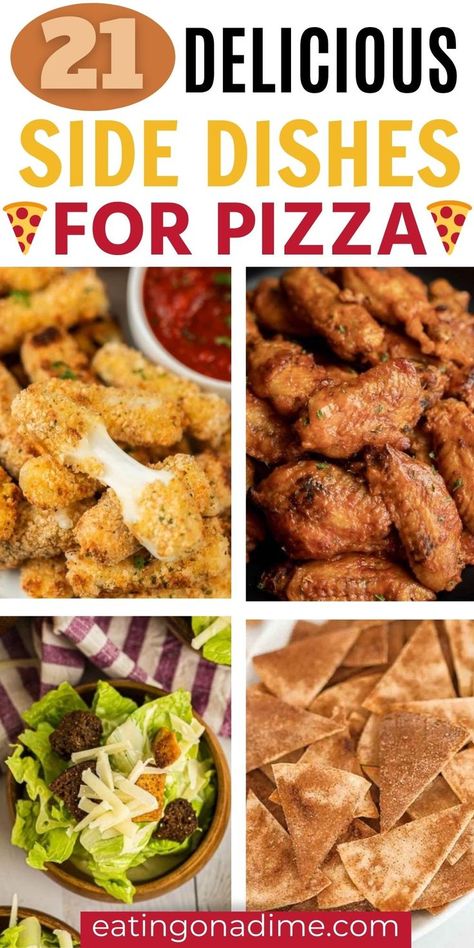 What Goes Good With Pizza Dinners, Pizza And Side Dishes, Home Pizza Ideas, Snacks To Go With Pizza Party, Good Sides For Pizza, Display Pizza For Party, What Sides Go With Pizza For A Party, Appetizer Recipes For Pizza Party, Appetizers With Pizza Party