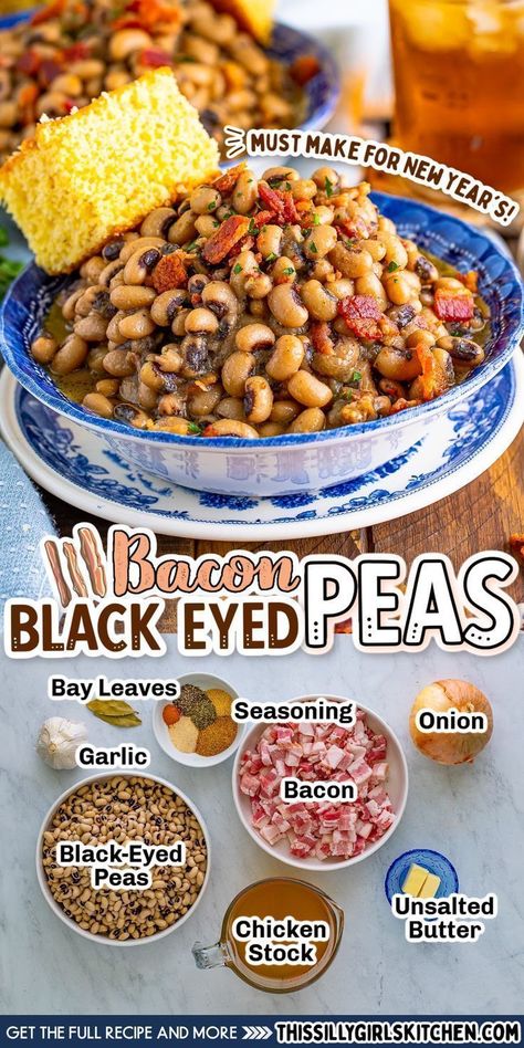 These Bacon Black Eyed Peas from This Silly Girl's Kitchen are a tasty side dish. With minimal ingredients and effort, they go great with all your family's favorite dinnertime meals. If you are looking for that perfect side dish for a party, or just something to serve at your regular dinner time slot, then you have to make these Bacon Black Eyed Peas. Bacon Black Eyed Peas, Black Eyed Peas Canned Recipe, Black Eyed Peas New Years Good Luck, Slow Cooker Black Eyed Peas With Bacon, Paula Deen Black Eyed Peas Recipe, Black Eye Pea Salsa, What To Eat With Black Eyed Peas, Best Black Eyed Peas Recipe Crock Pot, What To Serve With Black Eyed Peas