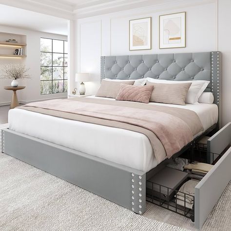 Amazon.com: LARMACE Queen Size Bed Frame with Storage and Tufted Headboard Linen Upholstered Platform Bed Frame with 4 Drawers, Wood Slats Support, Easy Assembly, Noise-Free, Beige : Home & Kitchen Queen Size Bedroom Ideas, King Size Bed Designs, Bed With Drawers Underneath, Headboard Velvet, Full Size Upholstered Bed, Tufted Bed Frame, Luxury Bed Frames, Bed Frame Sets, Modern Upholstered Beds