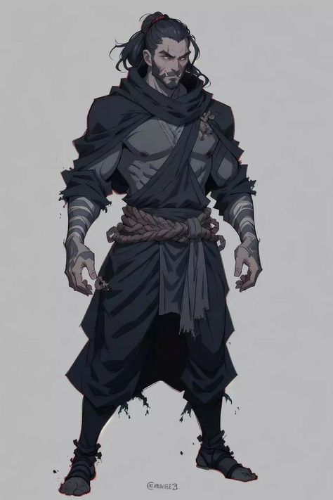 Added in his tusks Dnd Ninja, Shadar Kai Character Design, Dnd Monk Character Design, Monk Character Design, Desert Dnd, Shadar Kai, Barbarian Dnd, Oni Samurai, Fantasy Fighter