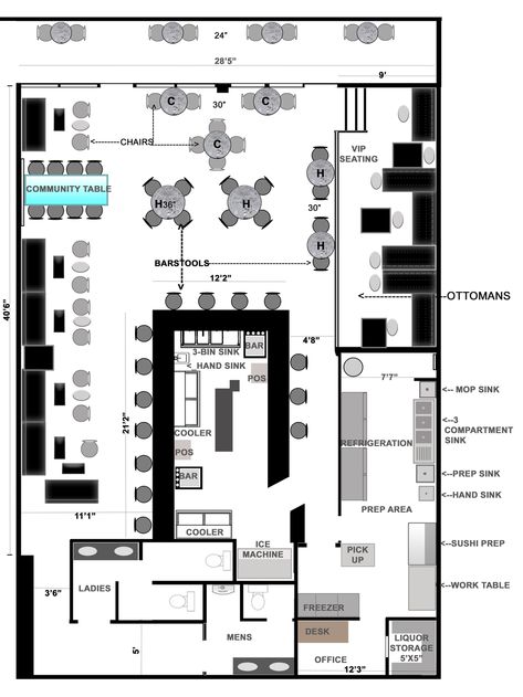 Restaurant & Lounge Floor Plan by Raymond Haldeman Restaurant Layout Design, Restaurant Design Plan, Cafe Floor Plan, Cafe Plan, Restaurant Floor Plan, Floor Plan With Dimensions, Restaurant Layout, Restaurant Plan, Restaurant Flooring