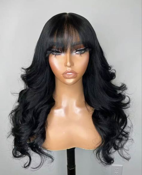 Fringe Wigs, Black Wig With Bangs, Pretty Wigs, Human Hair Wigs With Bangs, Bangs Fringe, Black Wigs, Wig Straight, Natural Wigs, Wavy Wig