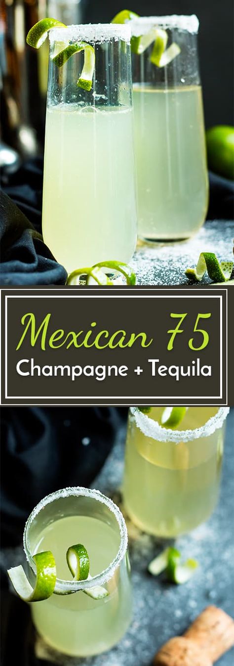 This Mexican 75 is a tequila and champagne cocktail that is a twist on the classic French 75.  It makes an epic cocktail for times of celebration! Hugo Cocktail, Champagne Recipes Cocktails, French 75, Tequila Drinks, Sazerac, Tequila Sunrise, Champagne Cocktail, Tequila Cocktails, Alcohol Drink Recipes