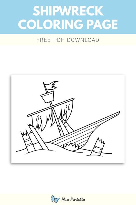 Free printable shipwreck coloring page. Download it at https://museprintables.com/download/coloring-page/shipwreck/ Shipwreck Drawing Easy, Shipwreck Drawing, Shipwreck Art, Ship Drawing, Free Clipart, Birthday Crown, Shipwreck, Bullet Journal Inspiration, Drawing For Kids