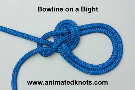 The Bowline on a Bight (ABOK # 1080, p 195) makes a secure loop in the middle of a piece of rope. It does not slip or bind. It is satisfying to start with a plain length of rope and finish with a secure safe loop in its middle. See also the Alpine Butterfly. Boating Knots, Knot Tying Tutorial, Alpine Butterfly, Quick Release Knot, Animated Knots, Scout Knots, Boating Life, Climbing Knots, Sailing Knots