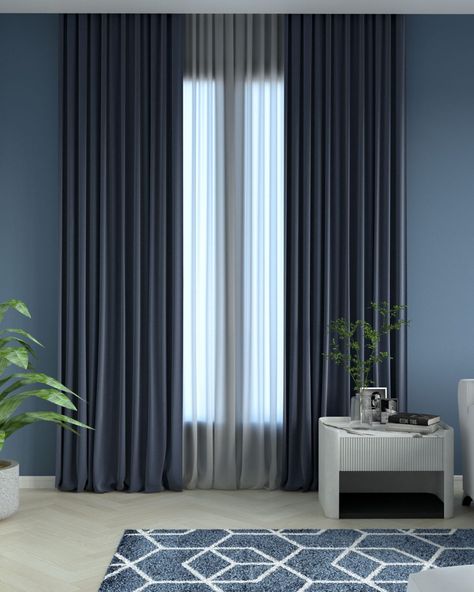 Blue Curtains Bedroom, Dark Grey Curtains, Dark Blue Curtains, Dark Blue Rooms, Curtain Colors, Light Blue Curtains, Blue And White Curtains, Curtain Designs For Bedroom, Blue Kitchen Walls