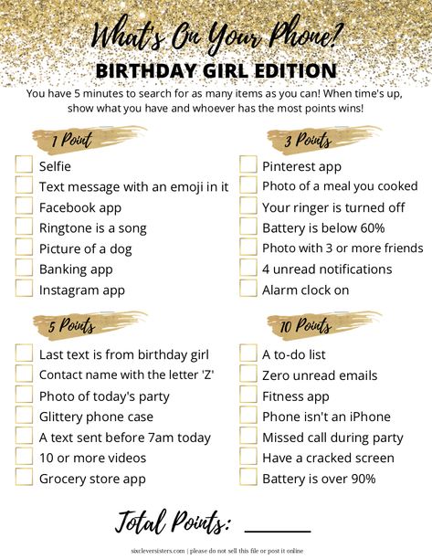 What's On Your Phone {Free Printable Birthday Game} Paper Birthday Games, Games To Play At 40th Birthday Party, Birthday Questionnaire For Adults, Fun Games To Do At A Birthday Party, What's In Your Phone Game Free Printable, 60th Birthday Party Games Free Printable, Birthday Jepordy Game Diy Questions, 20th Birthday Games, Activities For Bday Parties