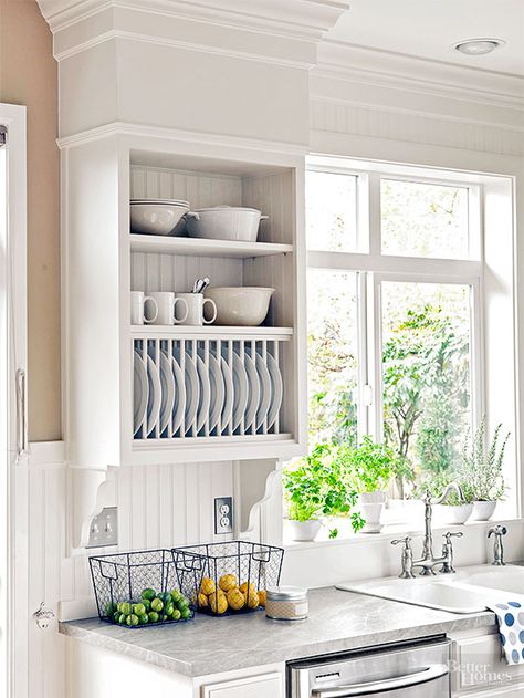 Install open shelves and a hutch for plates above the dishwasher to house frequently used dishes. This way you won't need to cart heavy stacks of plates, bowls, and serving platters across the kitchen after every wash./ Plate Racks In Kitchen, Organiser Cucina, Update Kitchen Cabinets, Kitchen Plate, Plate Rack, Decor Ikea, This Old House, Rustic Kitchen Decor, Diy Kitchen Cabinets