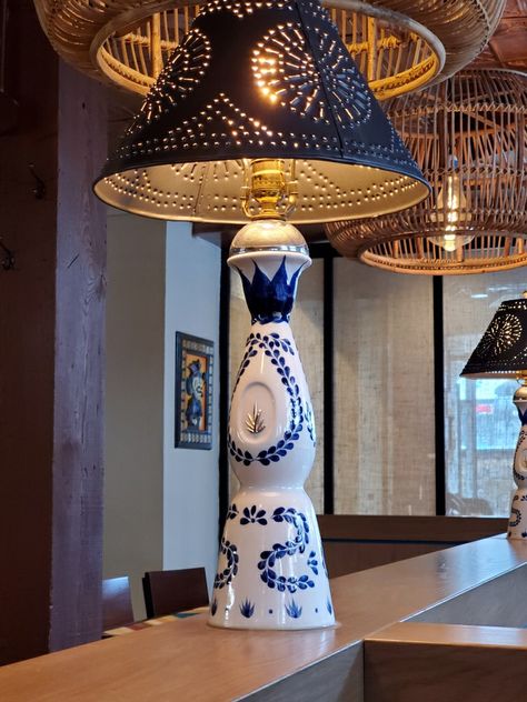 Tequila Bottle Lamp, Clase Azul Bottle Ideas, Bottle Upcycle, Azul Tequila, Mexican Home Decor, Tequila Bottles, Mexican Home, Bar Design Restaurant, Bottle Lamp