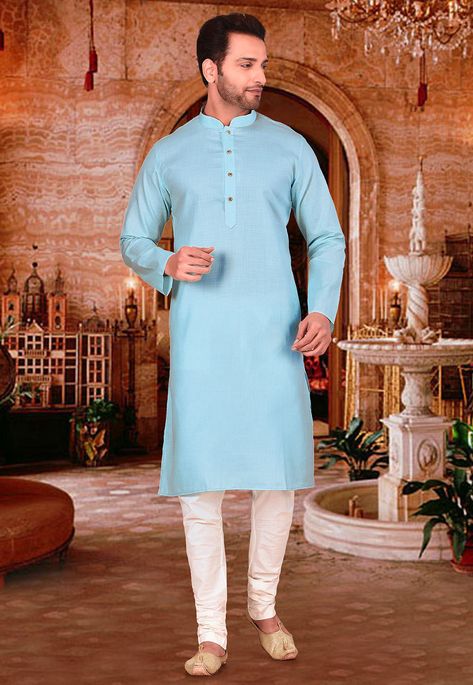 Blue Kurta Men, Plain Kurta, Kurta Pajama Men, Kurta Cotton, Mens Sherwani, Blue Kurta, Kurta Men, White Pajamas, Fancy Buttons