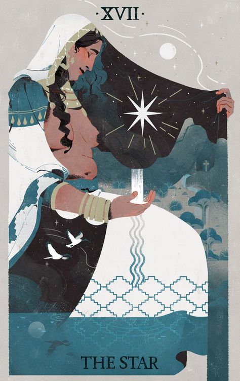 Tarot Cards Design Illustration, Tarot Card Character Design, Tarot Card Illustration Design, The Star Tarot Art, Tarot Design Illustration, Tarot Card Art Illustration, Viv Tanner, The Star Tarot Card Art, Tarot Art Illustration