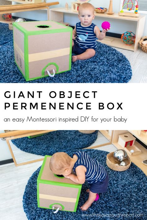 A Giant Montessori Object Permanence Box DIY Diy Object Permanence, Object Permanence Activities, Sensory Box Diy, Object Permanence Activities Infants, Diy Montessori Toys For 6-9 Months, Diy Object Permanence Box Montessori, Diy Montessori Toys 9-12 Months, Lovevery Diy, Object Permanence Box Diy