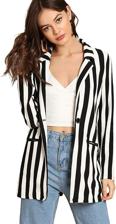 Floerns Women's Casual Work Office Open Front Striped Blazer Black White, Composition, Spandex, Notch Collar, Striped Blazer, Casual Work, Work Office, Striped Pants, Blazer Dress