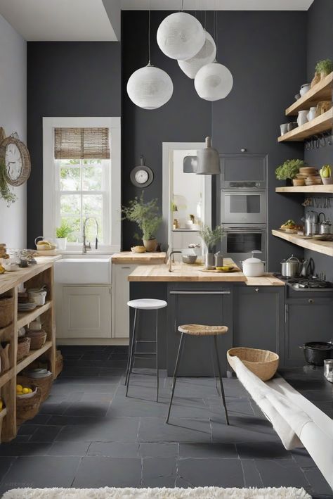 charcoal wall paint, white rug, kitchen wall paint, interior design and white rug Gray Painted Kitchen Walls, Charcoal Painted Walls, Gray Walls In Kitchen, Grey Paint Kitchen, Dark Grey Kitchen Walls, Gray Kitchen Walls, Grey Painted Floor, Grey Painted Kitchen, Grey Kitchen Walls