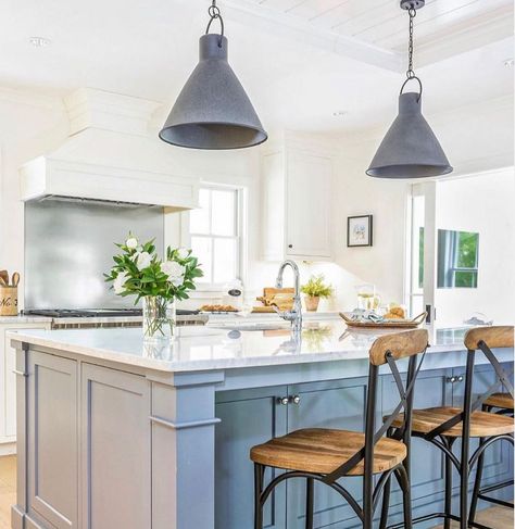 White Cabinets Blue Island, Morton Homes, Painted Kitchen Island, Kitchen Cabinets Color Combination, Diy Kitchen Cabinets Painting, Blue Kitchen Island, Coastal Kitchen Design, Kitchen Island Cabinets, Country Vibes