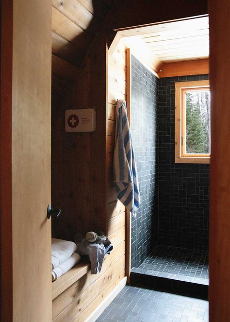 Ceramic Tile Bathrooms, Cabin Bathroom, Mercury Mosaics, Cabin Bathrooms, Handmade Tile, Black Tiles, Tile Projects, Unique Bathroom, Lake Cabins