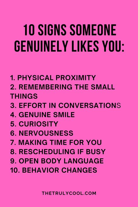 Here's the list of signs you should look out for to know if someone genuinely likes you.  Make sure to save it. How To Know Someone Like You, Signs Someone Like You, How To Know If Someone Like You, How To Know If You Like Someone, Signs That A Boy Likes You, How To Know If A Guy Likes You Signs, How To Know If A Boy Likes You, Signs Guys Like You, Crush Facts