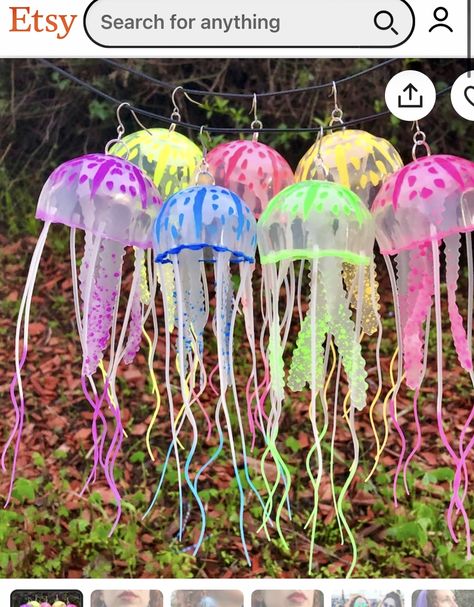 Glow Ocean, Rave Outfit Women, Neon Jellyfish, Jellyfish Jewelry, Grandma Camp, Jellyfish Earrings, Jellyfish Light, Plastic Bottle Art, Underwater Sea