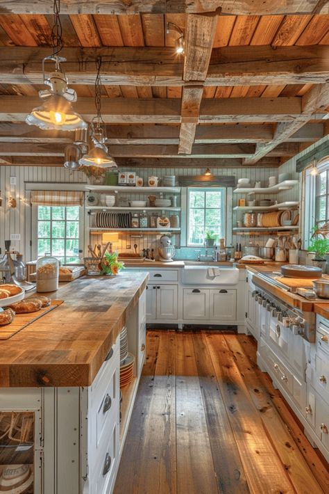 Butcher Countertops, Welsh Farmhouse, Butcher Block Countertops Kitchen, Butcher Block Ideas, Log Home Kitchens, Farmhouse Kitchen Decor Ideas, Block Countertops, Kitchen Shelving, Retirement Ideas