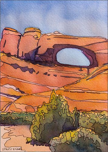 Ink and watercolor painting from a photo I took during a 2005 visit to Arches National Park. Arches 140lb CP, 5x7". Croquis, Ink And Watercolor Landscape, Ink And Watercolor Art Landscape, Grand Canyon Watercolor, Ink And Watercolor Illustration, Desert Watercolor Paintings, Ink And Wash Watercolors, Cool Watercolor Paintings, Creative Watercolor Paintings