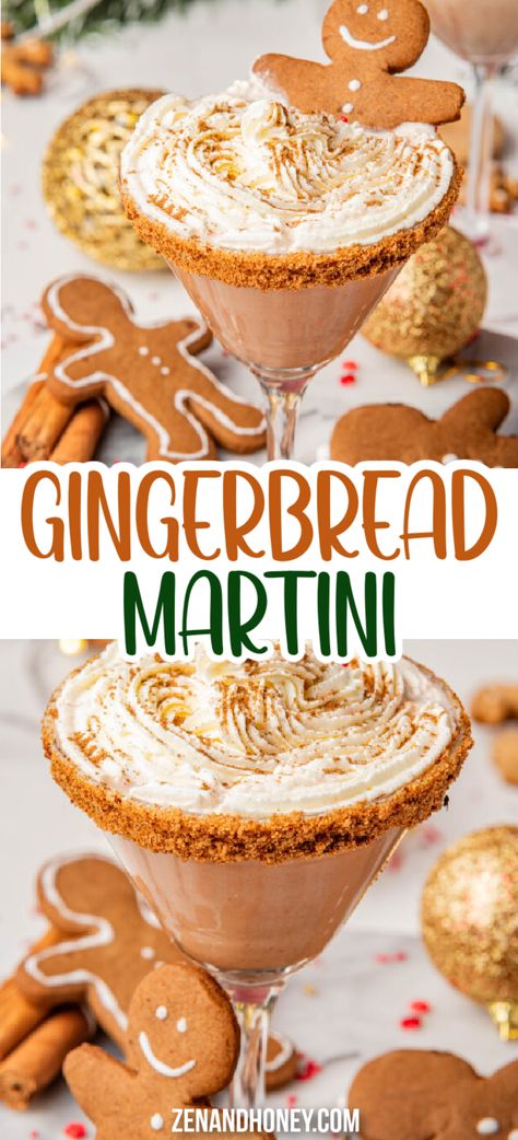 This is one of the best holiday martini recipes ever - creamy, rich and decadent Gingerbread Martini! Easy Christmas cocktails recipe your whole family will enjoy! Holiday Martini Recipes Christmas, Holiday Dessert Martinis, Egg Nog Martini Recipe, Ginger Bread Martini Cocktail Recipes, Gingerbread Martini Recipe Outback, Christmas Themed Drinks Alcohol, Gingerbread Cookie Martini, Ginger Bread Martini, Christmas Espresso Martini Recipes