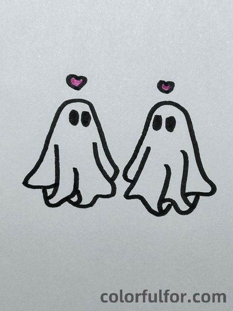 Ghost-Couple-in-Love Cute Hug Doodle, Drawing Ideas For Halloween, Ghost Drawing Ideas, Ghost Doodles, Easy Elephant Drawing, Scarecrow Drawing, Ghost Couple, Cute Hug, Ghost Drawing