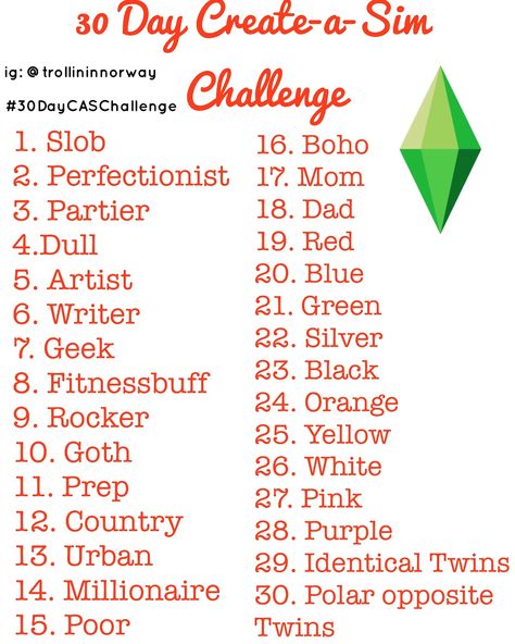 I made a Create-A-Sim 30 day challenge! Please tag me in them so I can see your work and use #30DayCASChallenge #thesims #thesimsCAS 30 Day Sims Challenge, Sims Challenge Cas, Sims 4 Oc Challenge, Sims 4 30 Day Build Challenge, Ts4 Cas Challenge, Sims Building Challenge, The Sims 4 Cas Challenge, 30 Day Cas Challenge Sims 4, Sims 4 Cas Challenges