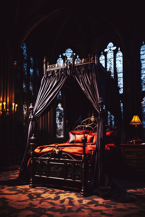 Bedroom Aesthetic Maximalist, Room Inspo Dark, Gothic Canopy Bed, Moody Maximalist, Dark Bedroom Aesthetic, Dark Cozy Bedroom, Fairytale Bedroom, Maximalist Home Decor, Maximalist Interior Design