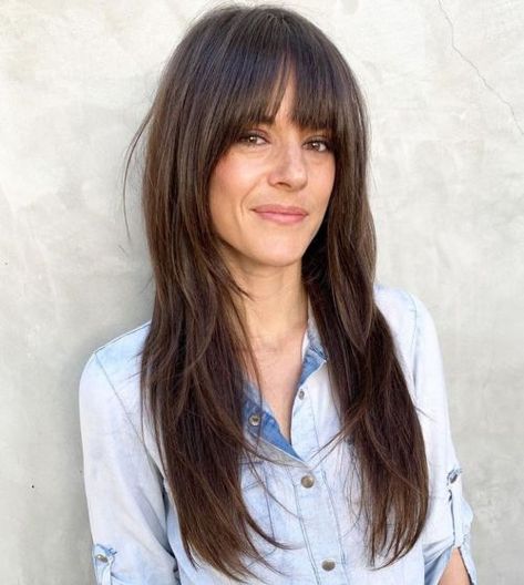 Straight Long Cut with Feathered Layers Shag With Curtain Fringe Straight Hair, Cute Long Haircuts, Long Haircuts With Bangs, Long Fringe Hairstyles, Layered Haircuts With Bangs, Layered Hair With Bangs, Long Layered Haircuts, Ombré Hair, Hair With Bangs