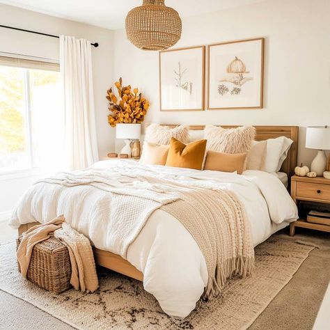 neutral_fall_decor_bedroom (13) Bedroom Ideas Autumn, Fall Bedroom Ideas, Neutral Fall Decor, Sleek Furniture, Fall Bedroom, Bedroom Setup, Muted Tones, Autumn Cozy, Bedroom Inspo