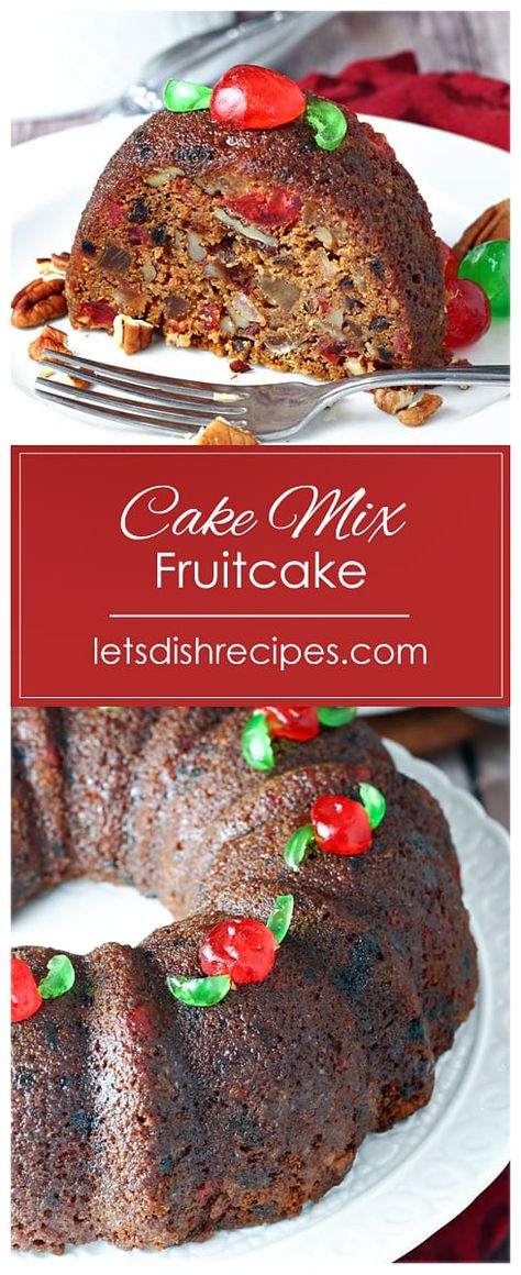 Shortcut Cake Mix Fruitcake Recipe -- A boxed spice cake mix is loaded with chopped nuts, dates, and candied fruit, then finished off with a sweet glaze, in this quick and easy holiday fruitcake recipe. #cake #fruitcake #desserts #christmas #recipes Easy Fruitcake Cookies Cake Mixes, Fruit Cake With Real Fruit, Fruitcake Bundt Cake, Easy Fruit Cake Recipe 3 Ingredients, Cake Mix And Fruit Pie Filling, Cake Mix Fruit Cake Recipe, Fruitcake 7 Layer Bars, Fruit Cake Cookies Easy, Homemade Fruit Cake Recipe