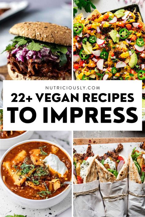 Want to cook something really tasty for your omnivorous friends and family to make them excited about vegan food? Try these delicious and hearty dinner ideas from our top 22 list. Including cheesesteaks, gyros, noodles, ribs, sheet pan nachos, and more! Perfect for special occasions, parties, or the holidays. Vegan Group Meals, Vegan Company Dinner Ideas, Best Vegan Dinner, Family Vegan Meals, Vegan Menu Ideas, Easy Vegan Dinner Recipes For Family, Vegan Meals For Meat Lovers, Vegan Dinner For Two, Easy Vegan Family Dinners