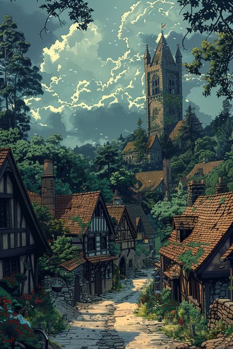 Old Town Art, Medieval Village Illustration, D&d Backgrounds, Spooky Journal, Dnd Backgrounds, Lock Screen Backgrounds, Dark Fantasy Artwork, Dreamy Artwork, 4 Wallpaper