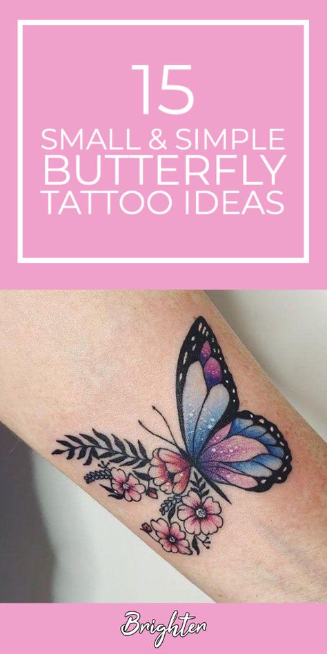 Butterfly tattoos are beautiful, trendy, and look best when they are dainty and simple. Black and white or coloured, discover 15 Small & Simple Butterfly Tattoo Ideas. Mini Butterfly Tattoo Color, 3 Butterfly Tattoo On Shoulder, Butterfly Tattoo Coloured, Half Butterfly Half Flower Tattoo Color, Cool Colour Tattoos, July Butterfly Tattoo, August Butterfly Tattoo, Small Tattoos For Cover Ups, Butterfly Flower Tattoo Color