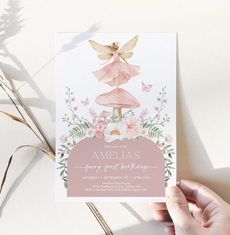 Fairy Woodland Birthday Party, Pink Enchanted Forest, Fairy 1st Birthday, Enchanted Forest Fairy, Woodland Floral, 1st Birthday Invite, Dreamy Atmosphere, Pink Mushroom, 1st Birthday Party Invitations