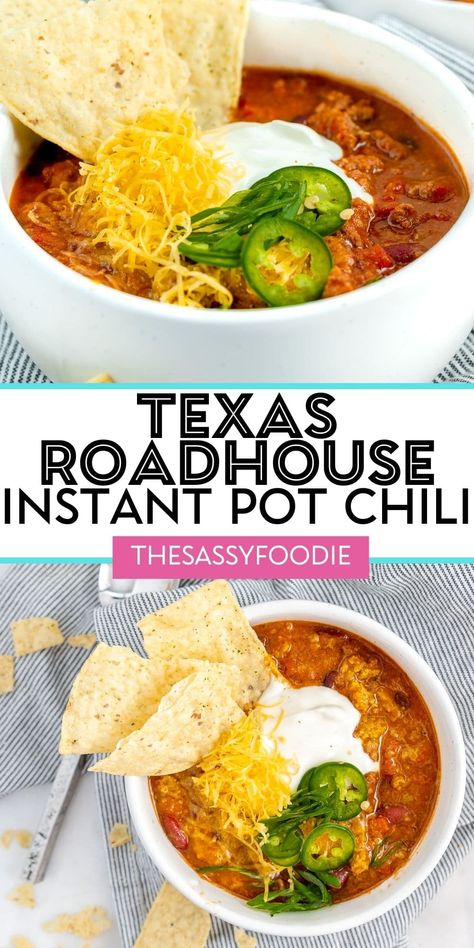 Texas Chili Instant Pot, Chili Recipe Pressure Cooker, Chili Recipe Pressure Cooker Easy, Chili Recipes Instant Pot, Insta Pot Chili Recipes Easy, Instant Pot No Bean Chili, Copycat Texas Roadhouse Chili Recipe, Homemade Chili Recipe Instant Pot, Instapot Chilli Recipe Easy